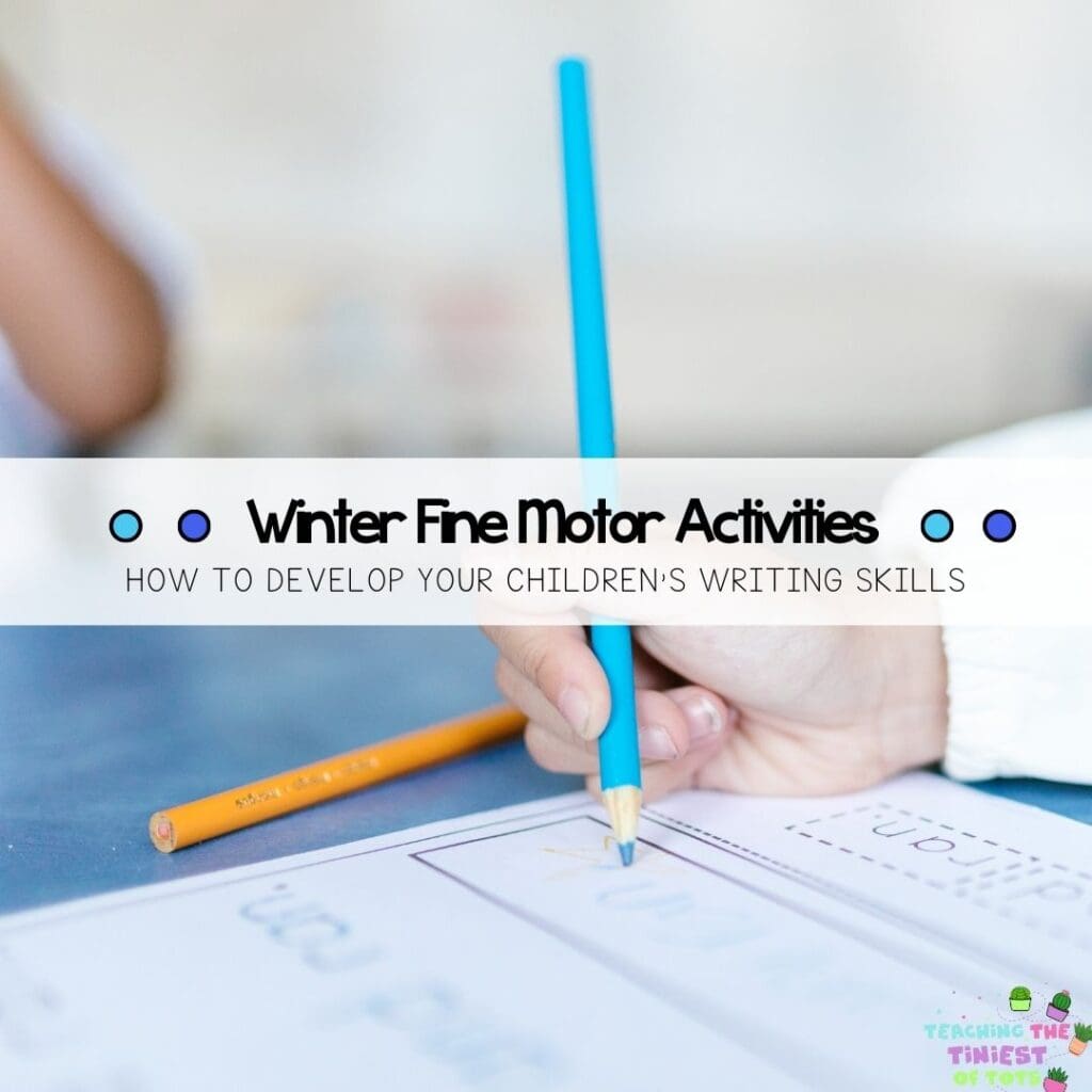 Image with child picking up and sorting colors Winter Fine motor pre writing and tracing skills for young preschoolers, preschool, pre-k and toddlers. 