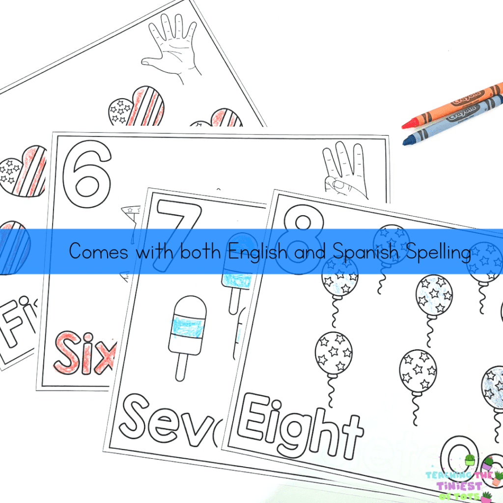 4th of July Coloring Pages: Count and Color with English and Spanish Spelling Options




