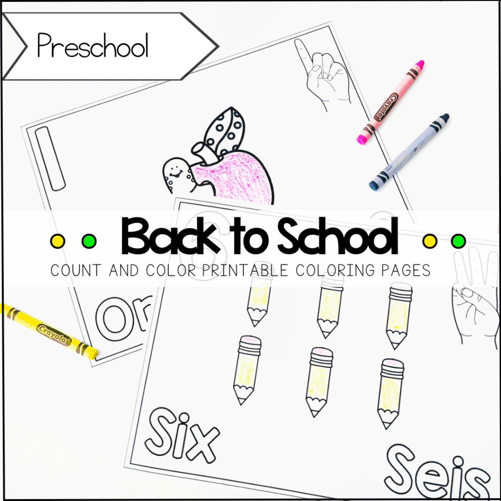 A collection of back-to-school coloring pages for preschool activities. The image shows various printable coloring sheets with playful illustrations related to school, such as crayons, pencils, apples, school buses, and happy children engaged in different educational 