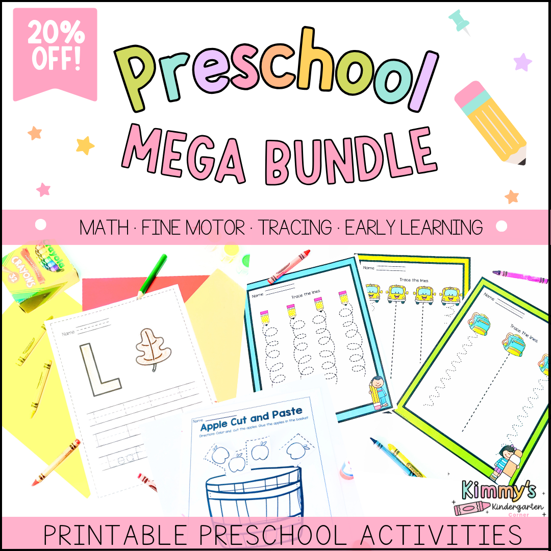 Preschool mega bundle covering literacy, math, fine motor skills, and hands-on preschool activities for early learners