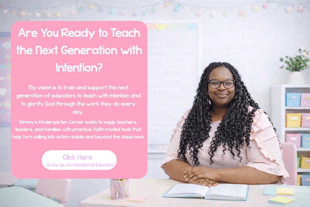 Christian educator seated at a desk in a colorful preschool classroom, representing intentional teaching and preschool activities for young learners.