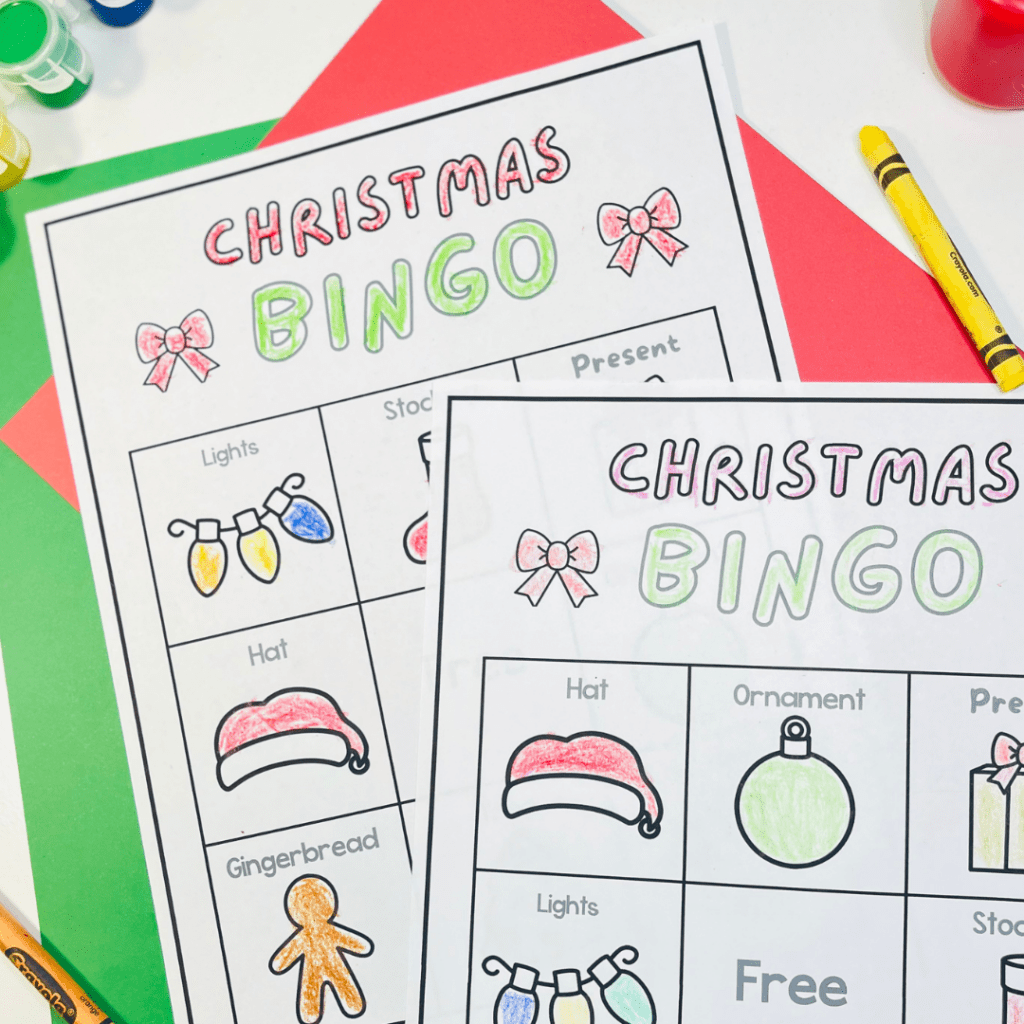 Christmas Preschool bingo games for spring, Valentine’s Day, winter, and Christmas. See how printable bingo supports listening, vocabulary, and engagement.