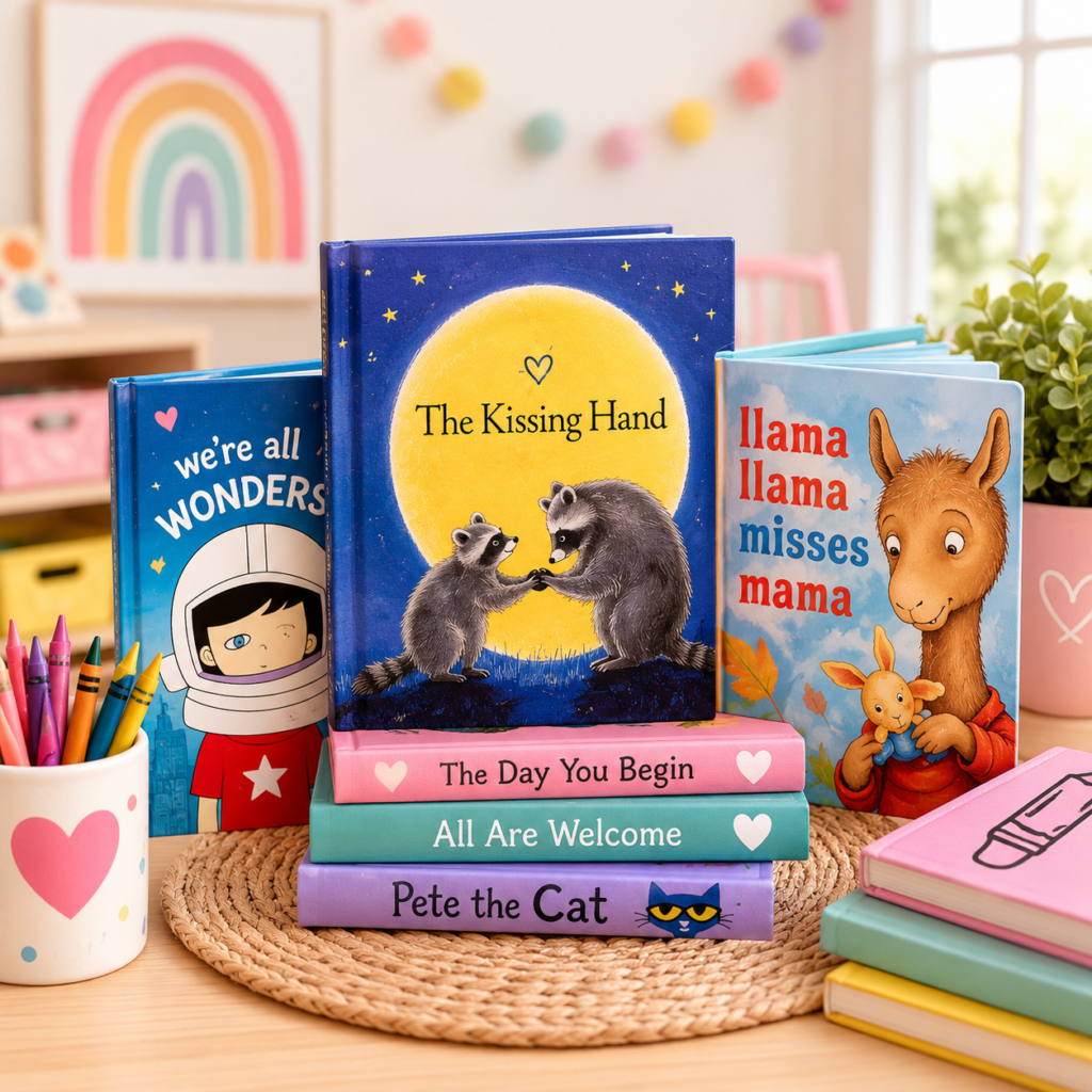 Best back-to-school books for preschool teachers featuring The Kissing Hand, Llama Llama Misses Mama, We’re All Wonders, All Are Welcome, The Day You Begin, and Pete the Cat in a colorful preschool classroom.
