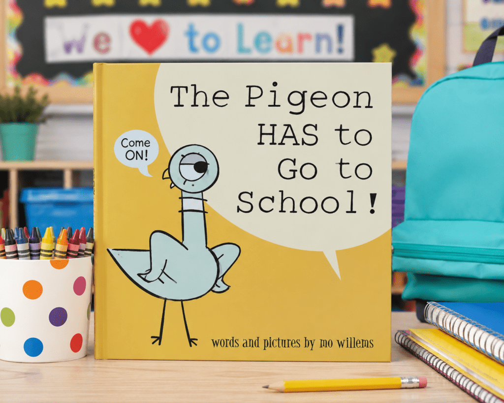 The Pigeon HAS to Go to School by Mo Willems displayed in a preschool classroom as a back-to-school read aloud for teaching confidence, classroom routines, and first-day preschool activities
