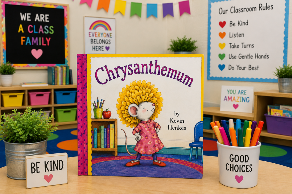 Chrysanthemum by Kevin Henkes displayed in a preschool classroom for a back-to-school read aloud about kindness, friendship, and classroom community

